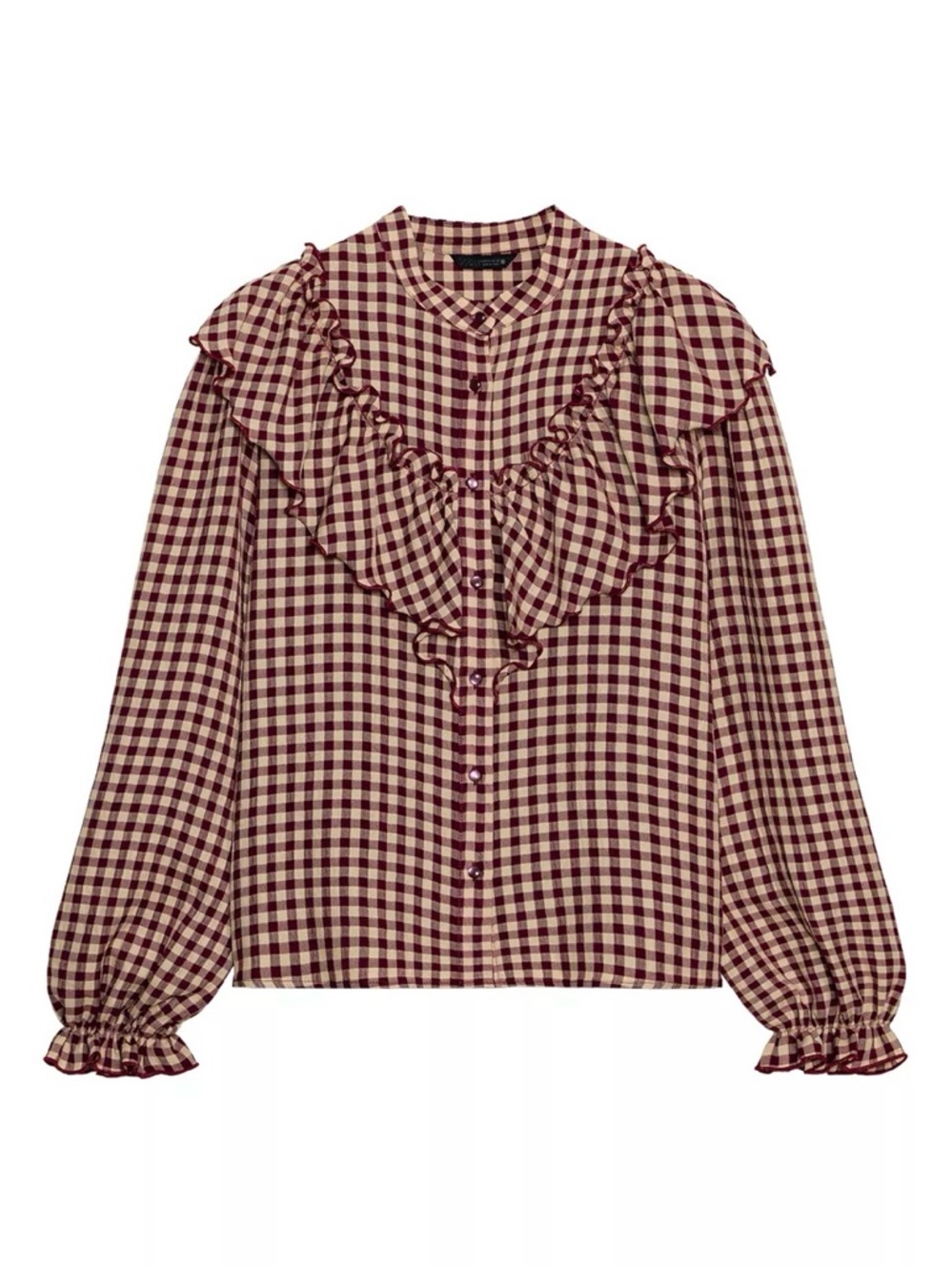 Zara Women's Burgundy & Cream Gingham Ruffle Button-Front Top